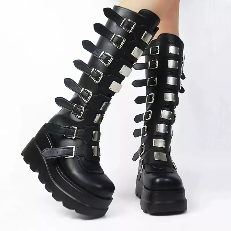 Długie buty damskie gotyckie buty na platformie buty do kolan Punk czarne seksowne buty motocyklowe 2024 nowe Halloween Cosplay damskie buty