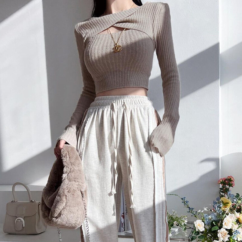 Autumn Knitted Top Fashionable Twisted Hollow Long Sleeve Short Sexy Chest Showing Fit Elastic Underlay Knitted Bottom