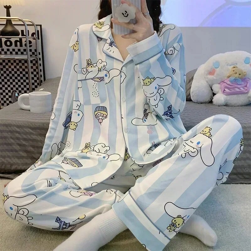 Sanrio Kuromi Hello Kitty Melody Pijama curto das mulheres, pijamas dos desenhos animados kawaii, conjuntos de roupas soltas