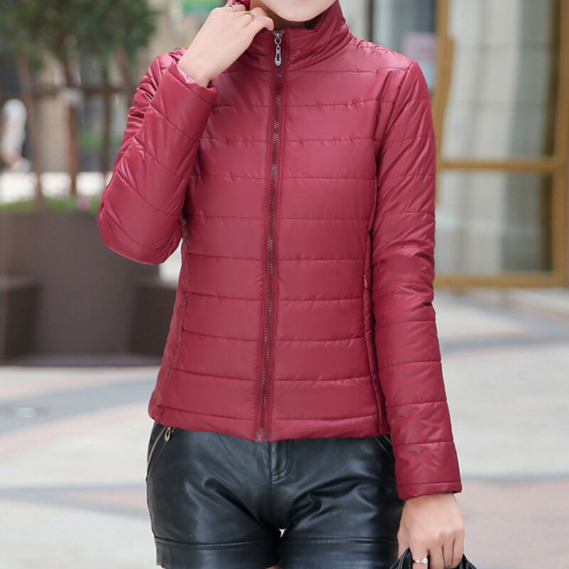 Women Stand Collar Padded Coat Black/Green/Red/Rose Red Puffer Down Coat with Pockets Suitable for Friends Gathering Wear