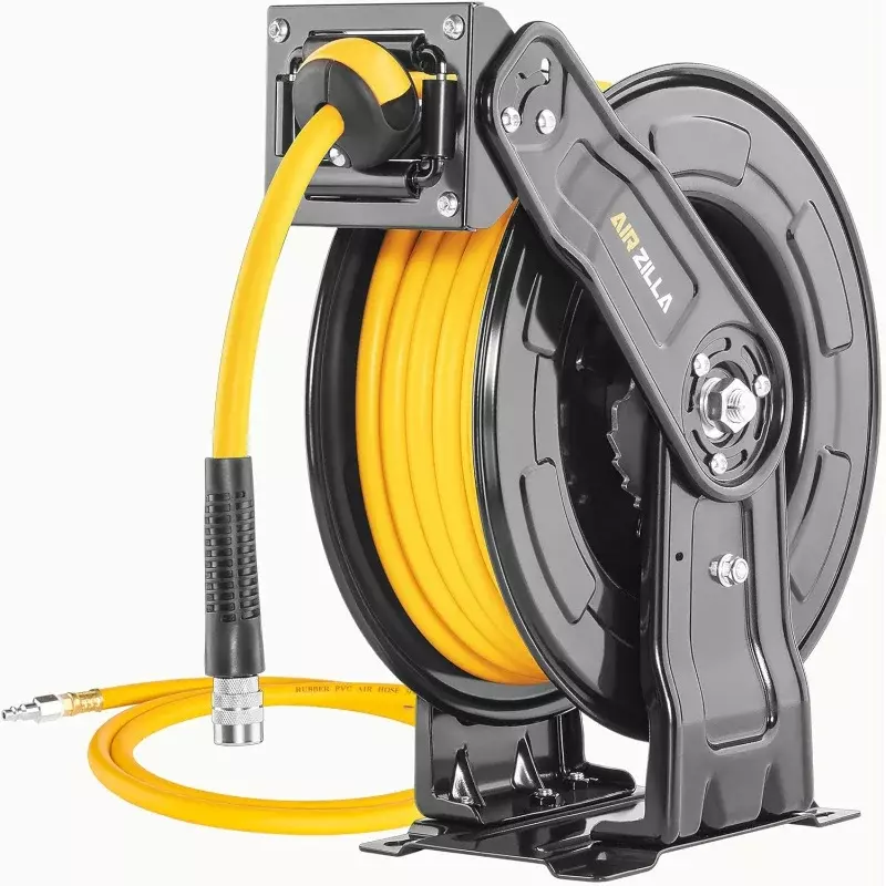 Premium Steel Retractable Air Hose Reel With Dual Arm, 3/8 "x65Ft Hybrid Polymer Hose, Heavy Duty Air Hose Reel Included Auto Re