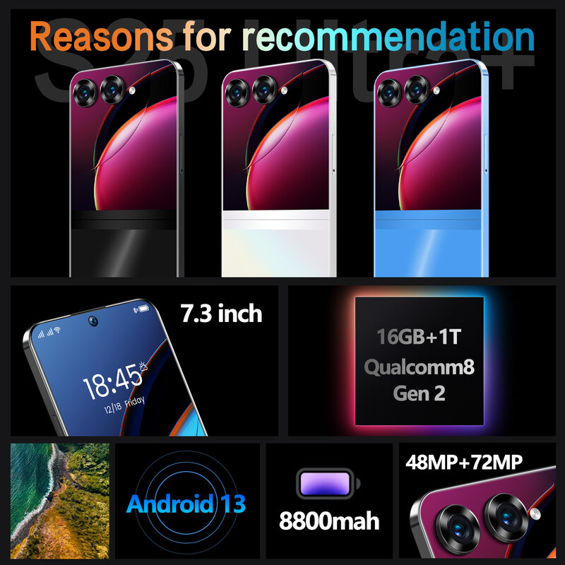 Smartphone S25 Ultra 5G, Celular Versão Global, 7.3 HD Screen, 16 GB + 1TB, 8800mAh, 48MP + 72MP, Android 13, Dual Sim, Face Desbloqueada