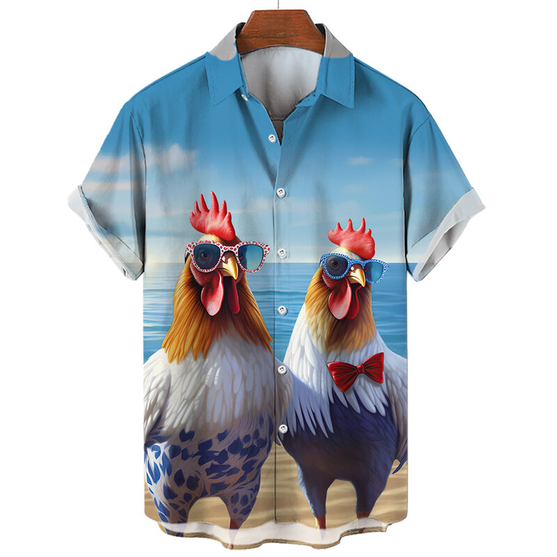 Camisa de praia de manga curta, estampada com frango, tops de harajuku, roupa casual diária, elegante, havaiana, social, verão, Y2k