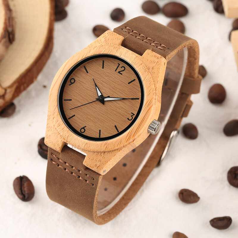 Trendy Coffee Brown Dial Bamboo Wood Ladies Quartz Wristwatch Genuine Leather Watchband Natural Style Wooden Women's Wristwatch