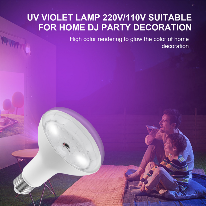 E26 Lâmpada ultravioleta UV preta, Lâmpada de detecção fluorescente, Decoração Home DJ Party, 220V, 110V, 15W