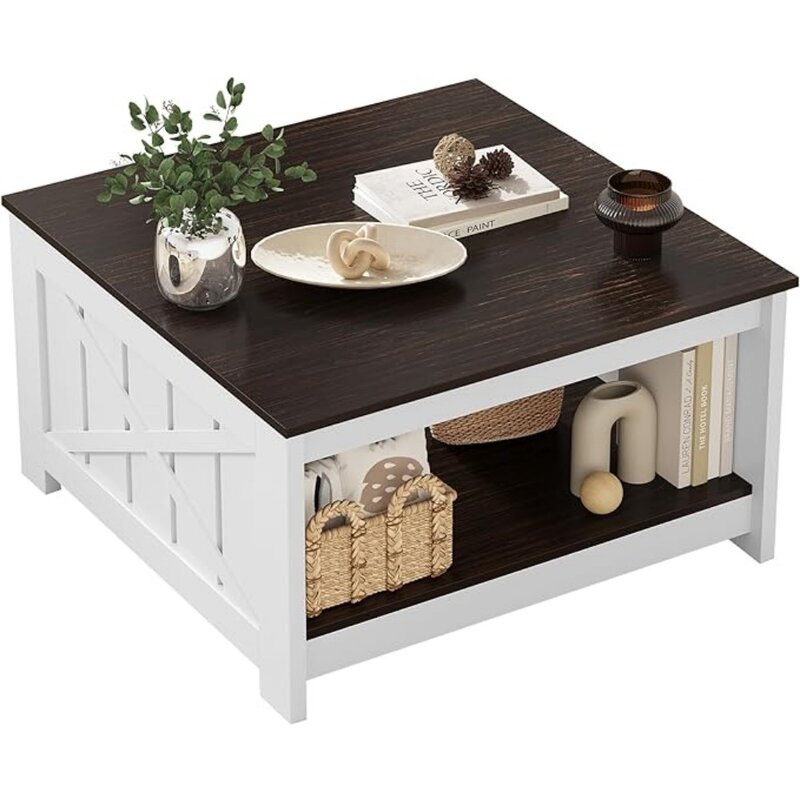 Tavolino con contenitore, tavolino da caffè tavolino da Cocktail in legno rustico, tavolo da soggiorno quadrato con scomparto portaoggetti semiaperto