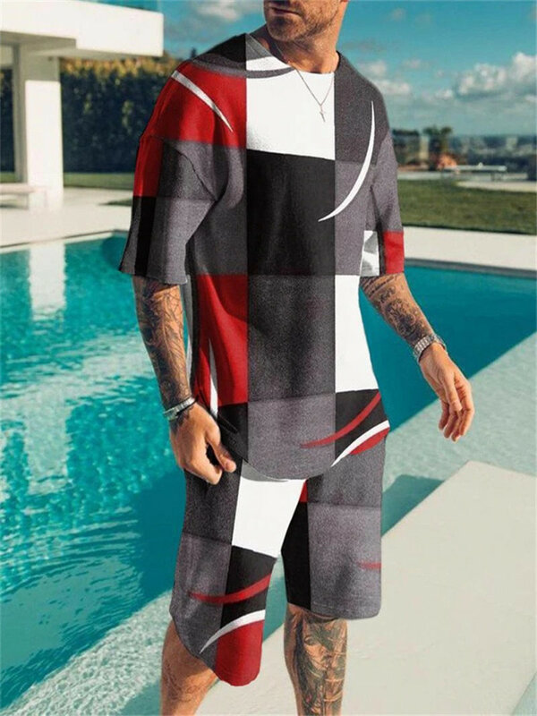 Setelan Pria Musim Panas Baru 2022 Kaus Cetak Mode Kasual + Set Celana Pendek Pantai Kaus Leher-o Pria Set 2 Potong Ukuran Kecil Asia S-5XL