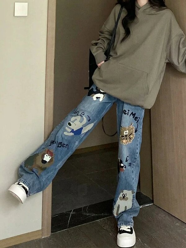 Cartoon printed washed jeans, women's high street ins style wide leg pants, American spicy girl straight leg pants
