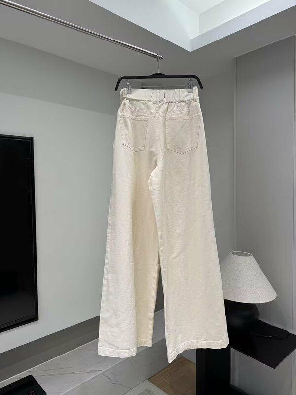 Calça jeans solta feminina, jeans de perna larga, bolsos laterais, retrô, elástico na cintura, cordão, único e elegante