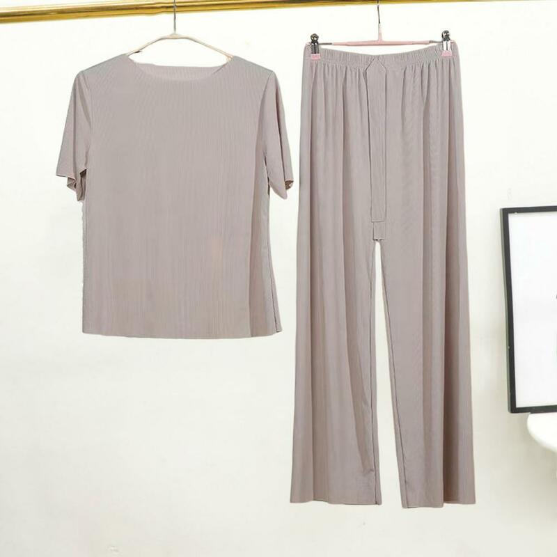 2Pcs/Set Fashion Leisure Outfit  Straight Wide Leg Thin Casual Outfit  Solid Color Thin Type Top Pants Sleepwear