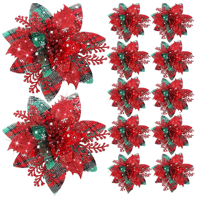Flores artificiales de 14cm para árbol de Navidad, adornos de 5 piezas, color rosa brillante, decoración para el hogar de Feliz Navidad y Año Nuevo, 2023