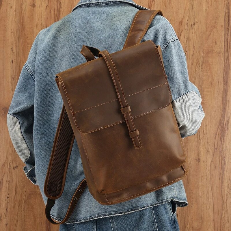 Skórzana plecak o dużej pojemności męska moda biznesowa torba komputerowa szalony koń podróżny plecak dla mężczyzn