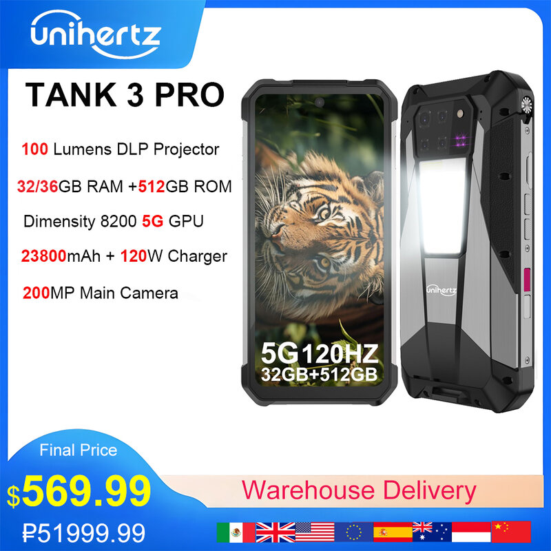 Прочный смартфон Unihertz Tank 3 Pro, 8849 дюйма, android, проектор 100 люмен, 32/36 Гб, 512 ГБ, 23800 мАч, водонепроницаемые телефоны МП