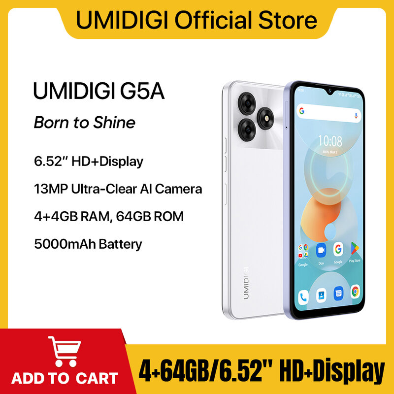 UMIDIGI-G5A Smartphone, Tela de 6,52 ", 4GB + 64GB, Bateria 5000mAh, Helio A22, Câmera 13MP, Telemóveis 10W
