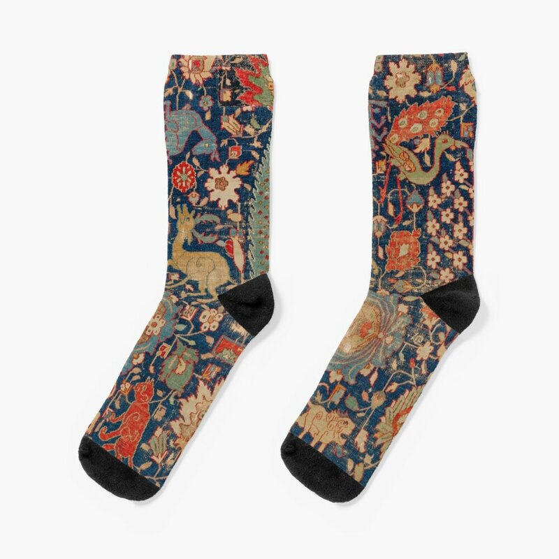 Calcetines con estampado de alfombra persa del siglo XVIII para hombres y mujeres, calcetines deportivos con animales, medias con calefacción
