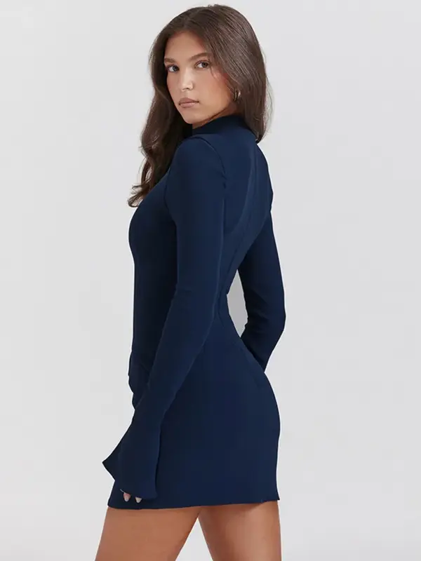 Mini vestido sexy de dois bolsos azul escuro feminino, manga comprida, bodycon, elegante, clube, festa, outono, inverno, novo, 2023