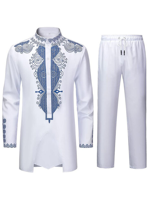 Pola jubah Muslim celana panjang lengan panjang pria biru dongker motif 3D pakaian tradisional pria Arab