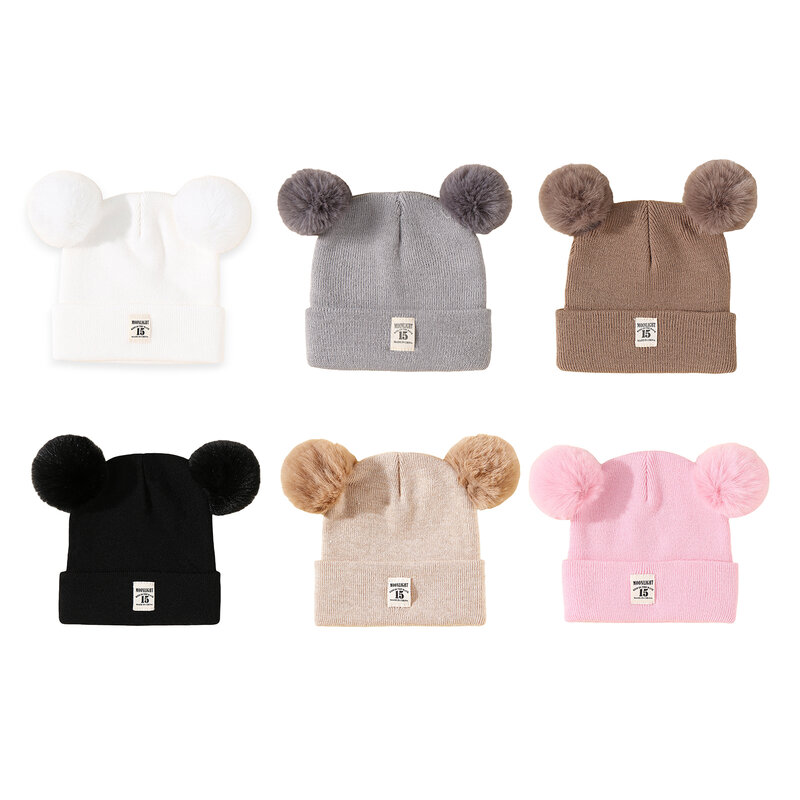 Bmnmsl-男の子と女の子のための柔らかい冬の暖かいビーニーハット、ダブルポンポン、ニット、幼児のかぎ針編みの帽子、赤ちゃんのための頭蓋骨の帽子