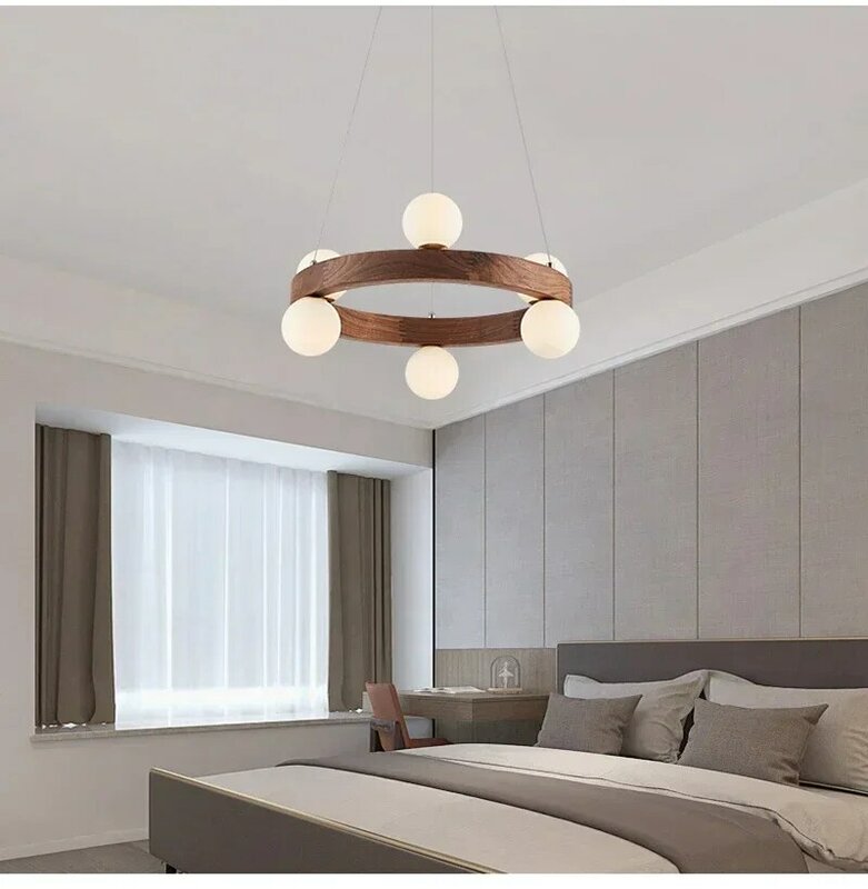 IWP Nordic Round Wooden Ring Chandeliers Log Hanging Lamp Dining Room Kitchen Bedroom Walnut Pendant Lights With G9 Bulbs