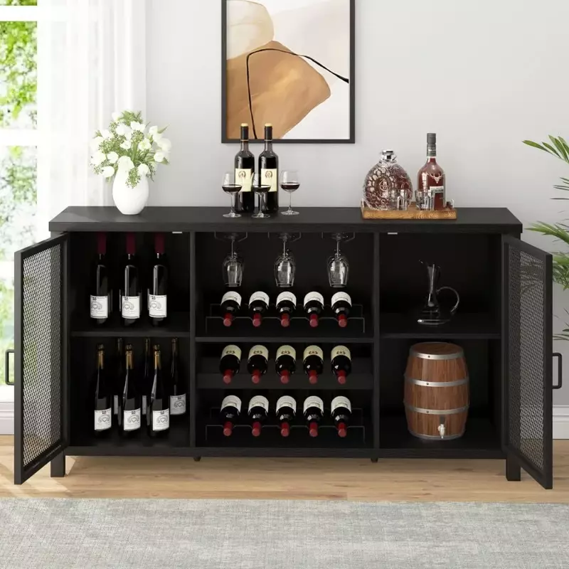 Black Liquor Cabinet with Wine Rack Storage, for Liquor , Farmhouse Wine Cabinet for Home Living Dining Room, Black Oak, 55 Inch