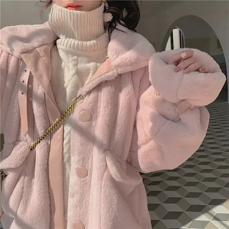 Herfst Winter Imitatie Bontjas Warme Overjas Koreaanse Effen Zoete Single-Breasted Pocket Jas Vrouwen Mode Roze Witte Parka 'S