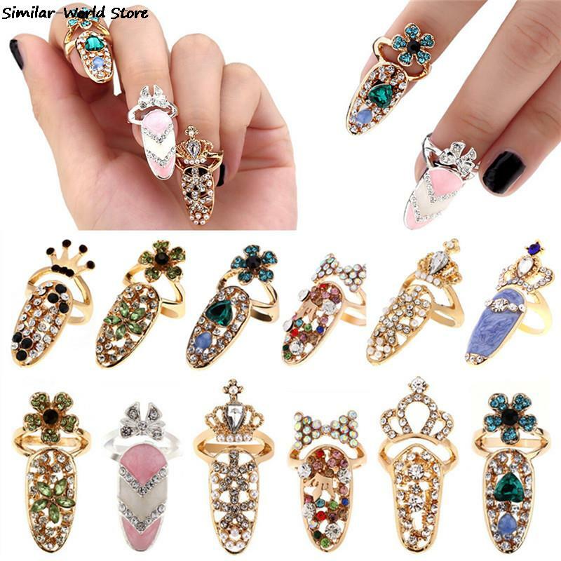 Charm Bloem Dame Strass Vingernagel Beschermende Mode-sieraden Strik Crown Nail Ring Crystal Nagel Ringen Voor Vrouwen
