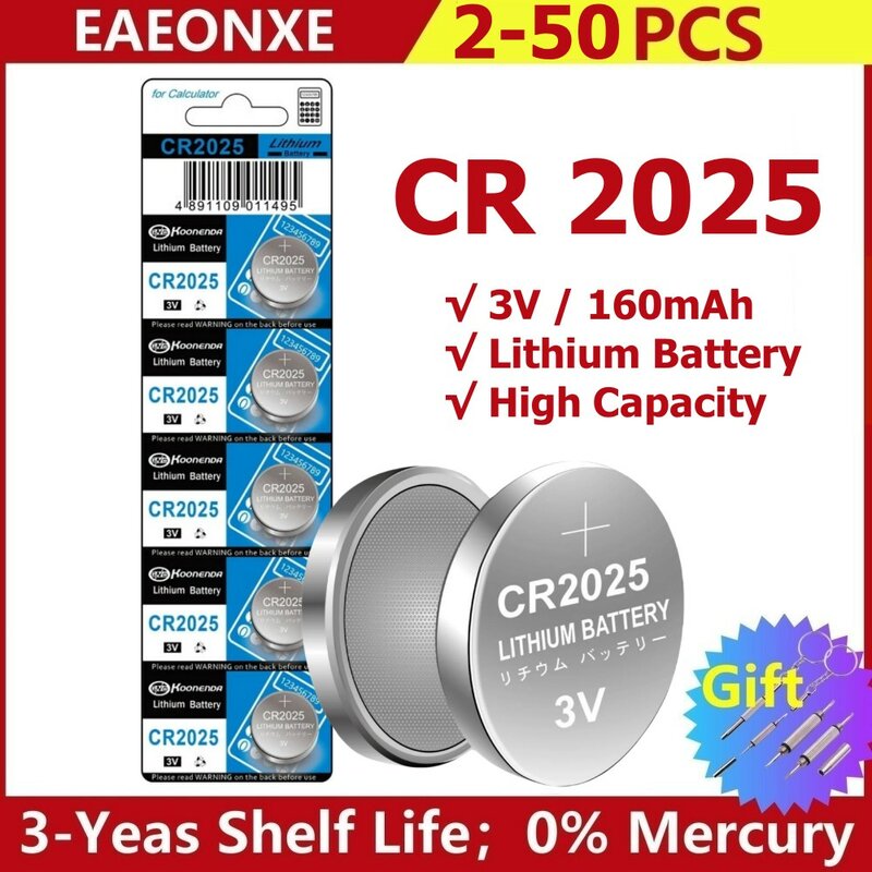리모컨 계산기 시계용 정품 리튬 배터리, CR2025 단추, 3V, 마더보드, 단추 셀 배터리, CR 2025, 2-50 개