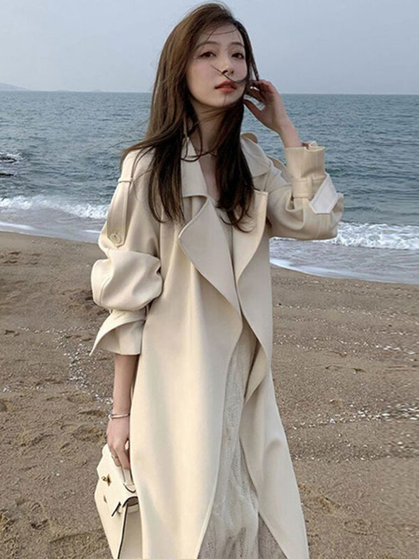 Wiosenne i jesienne płaszcz trencz dla kobiet wiatrochron wysokiej jakości drapowanie średniej długości jednolity kolor Temperament Slim dopasowany płaszcz