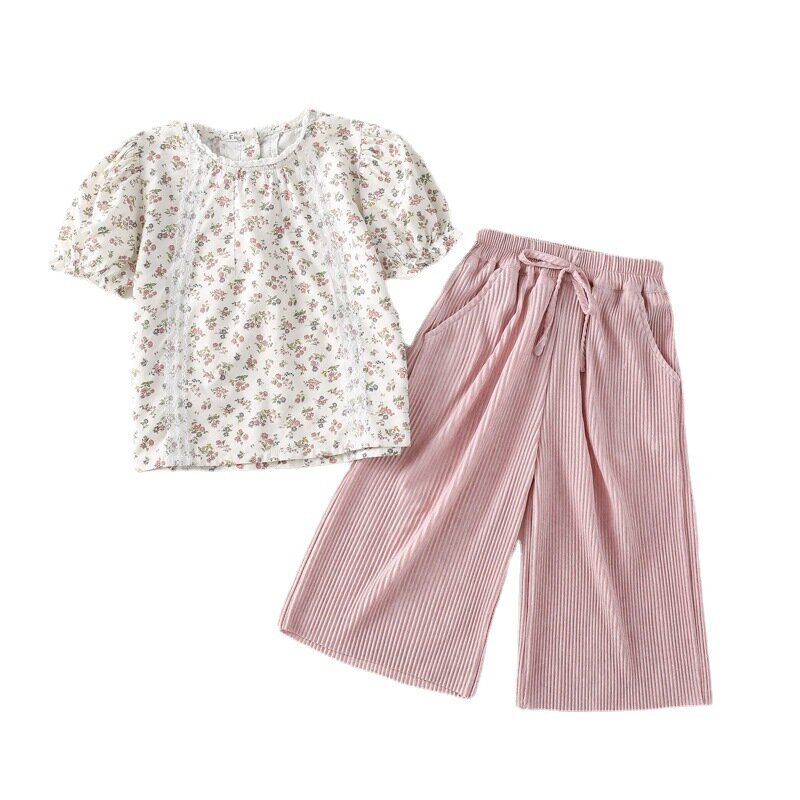 مجموعة ملابس للأطفال على الطراز الكوري ، بدلة صيفية ، بلوزة بأكمام قصيرة ، بنطال بأرجل واسعة ، أزهار ، أحادية اللون ، موضة جديدة ،