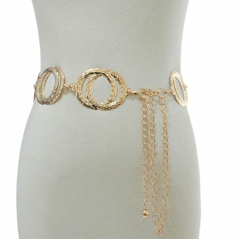 Cinturón de cadena de Metal redondo para mujer, anillo doble único Punk, pretina de vestido de hip hop, cadena de cintura Vintage dorada y plateada