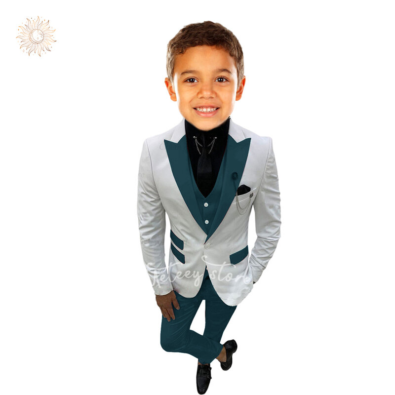 Setelan kerah jas pernikahan anak laki-laki, jaket Blazer celana klasik Tuxedo Morden cocok dengan gaun balita untuk anak laki-laki 3 potong
