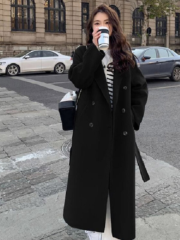 Женское пальто из искусственной шерсти с поясом, двубортная длинная куртка с длинным рукавом и отложным воротником, модная свободная повседневная верхняя одежда, осень 2023