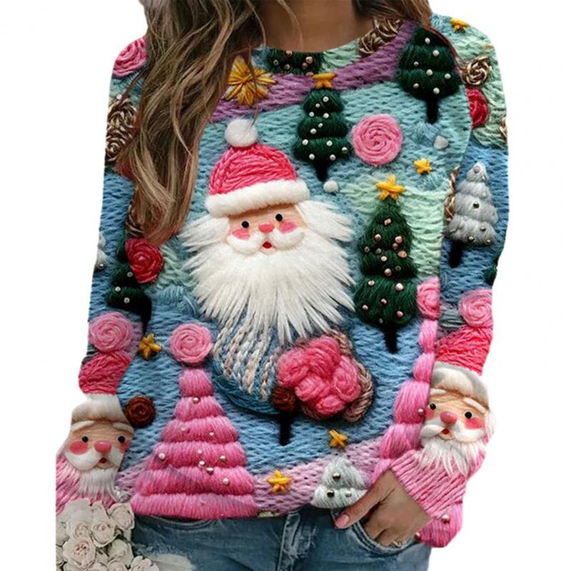 Frauen Weihnachten Top Rundhals ausschnitt Langarm Top bunte 3D Schneemann Santa Print lose Pullover Neujahr Stil warmes Sweatshirt