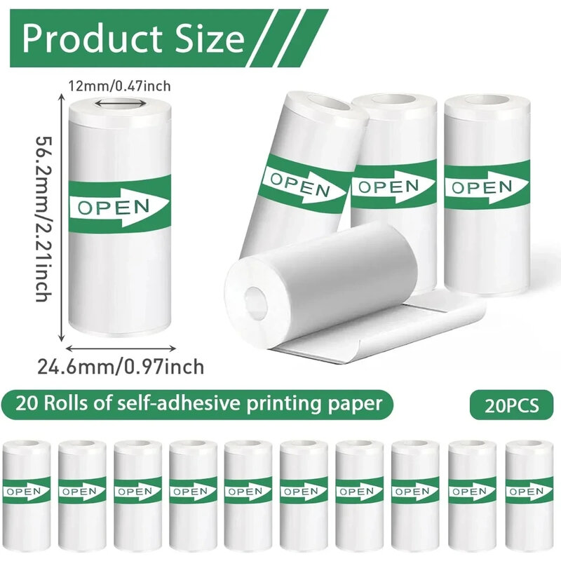 Papel auto-adesivo para mini impressora, adesivo térmico, etiquetas para notas de fotos, 5,7x2,5 cm, 20pcs