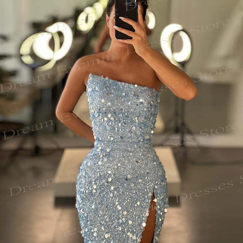 2024 Elegant Gentle Blue Women's Mermaid Sparkling Evening Dresses Sexy Strapless Prom Gowns Side High Split Vestidos De Noite