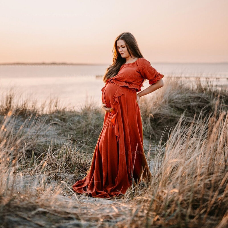 Богемное платье для беременных с Боковым Разрезом и оборками по краям, винтажное удобное льняное платье в стиле бохо для будущей мамы