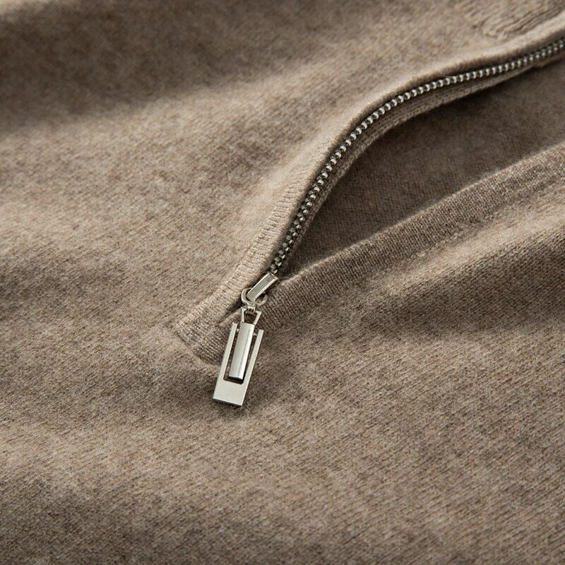 Pulôver de manga comprida com zíper no pescoço masculino, suéter 100% caxemira, parte superior de cor sólida, macio, quente, casual