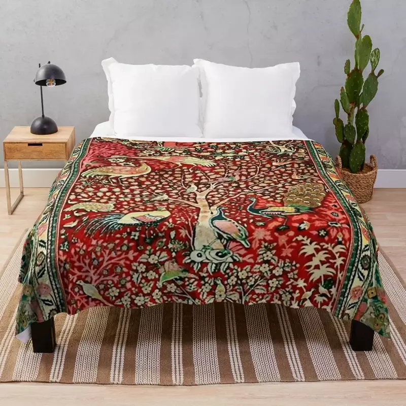 Lée persane antique, oiseau, arbre, fleurs, couverture imprimée, linge de lit, couvertures de mercredi, ca. 1600
