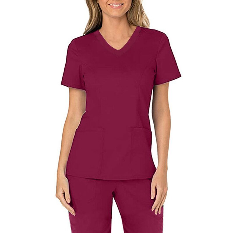 Blus Atasan Perawatan Wanita Atasan Lengan Pendek Kerah V Saku Perawatan Pekerja T-Shirt Atasan Aksesoris Perawatan Baru Mainframes Clinicos Mujer