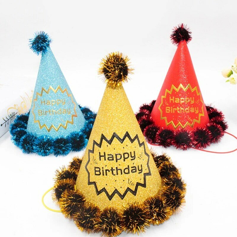 Sombrero de fiesta de cumpleaños para niños y adultos, gorro con pompones, cono de dibujos animados para decoración de Festival, gorros de papel para cumpleaños