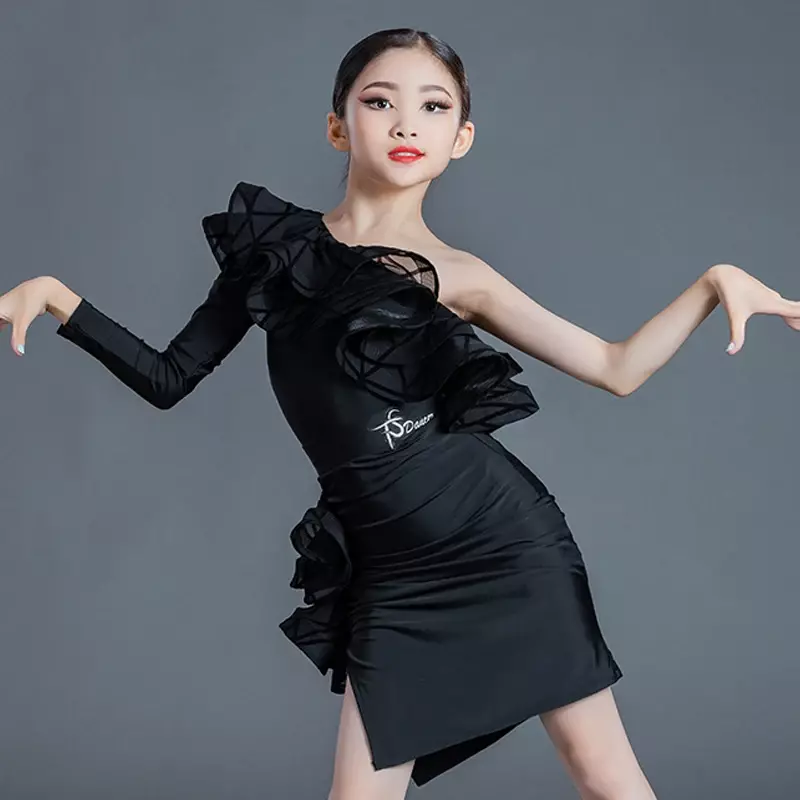 Girls Latin Tops Ruffled Skirts Split Suit Kids Stage Ballroom Dance Clothing Single-Sleeve Ruffled Latin Dance Costume