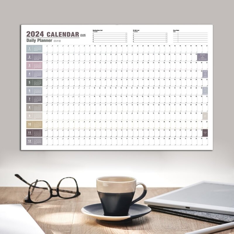 Kalender dinding bulanan tahunan 2024, kalender nirkabel untuk paket Sekolah Rumah & blok yang diatur jadwal, 29.92x20.47inches