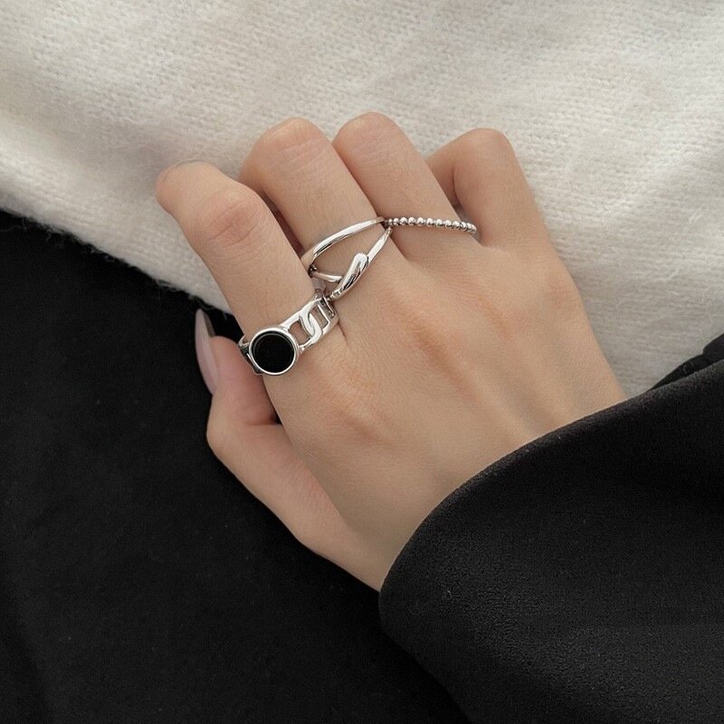 925 Sterling Silver Open Finger Ring Punk Black Polished Line Geometric Stackable For Women Girl Jewelry Gift Dropship Wholesale