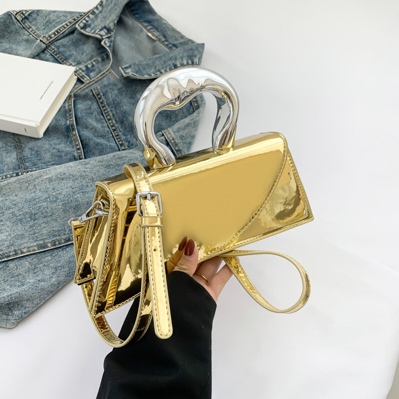 Błyszcząca lakierowana torba na ramię dla kobiet luksusowa srebrna torba mała torebka 2024 lato wszechstronna torebka na telefon przekładana złota