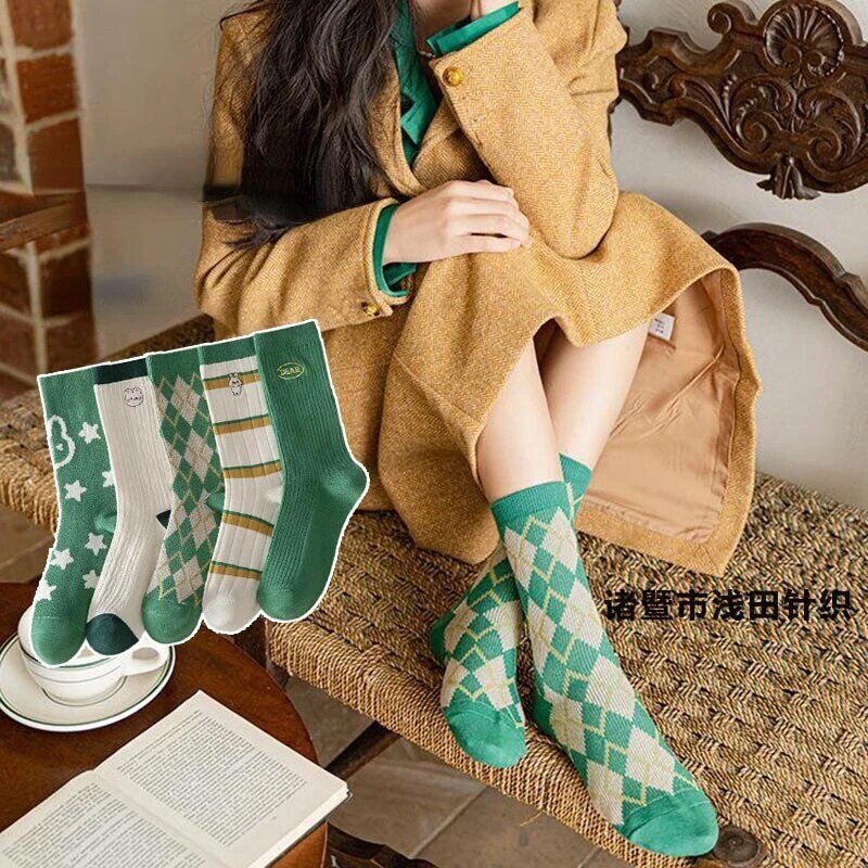 Nova pilha pilha meias no tubo verde japonês xadrez menina estudante meias de algodão