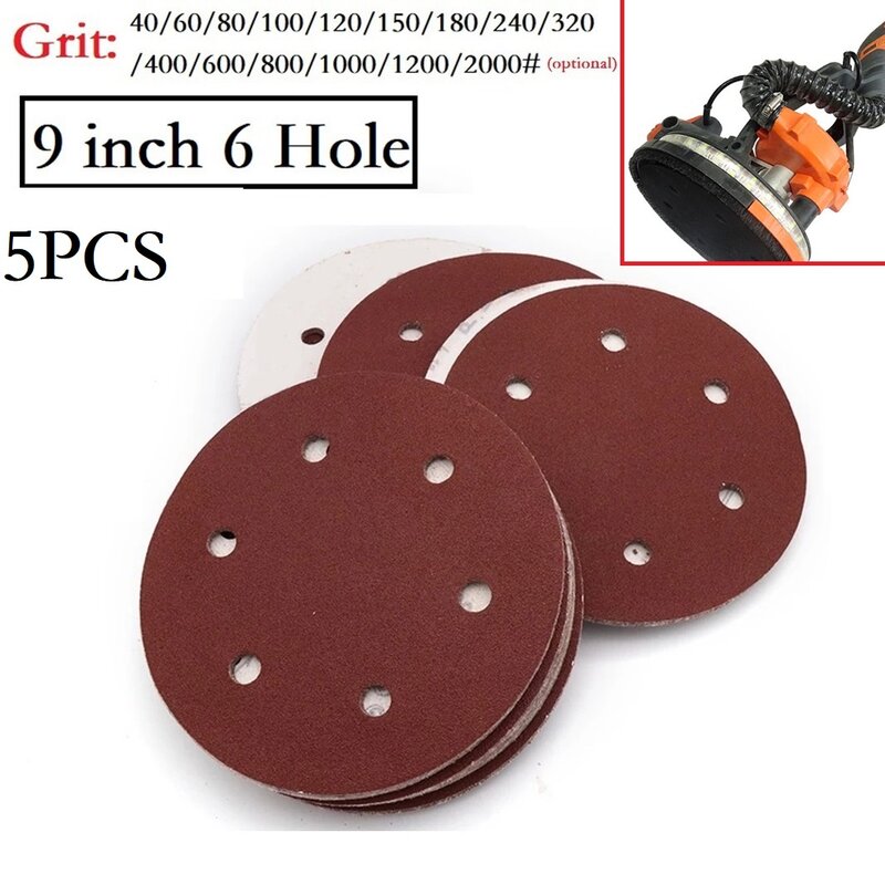 5pcs 9Inch / 225mm Abrasive Sandpaper Sanding 6 Hole Disc Hook & Loop Sand Paper Grits 40~2000 For Polish Tools Accessories