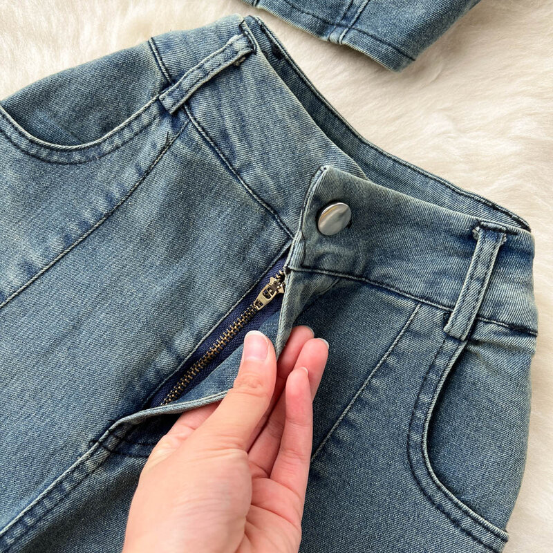 Top jeans feminino com calças largas de cintura alta, estilo feminino retrô picante, desejo puro, conjunto de duas peças