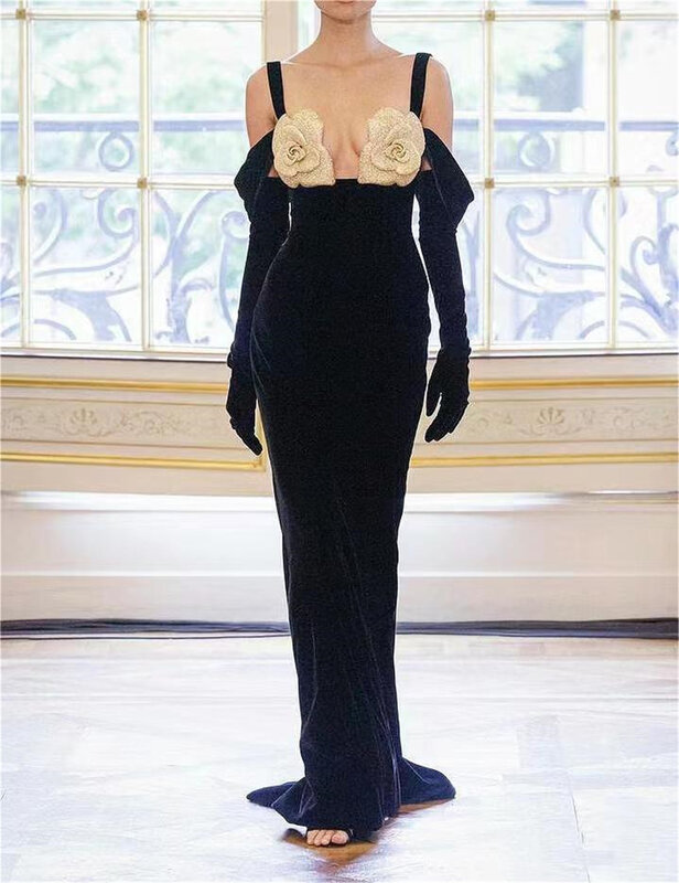 Gaun malam putri duyung seksi dengan bunga tiga dimensi gaun pesta dansa hitam gaun rok wanita punggung terbuka De Soiree