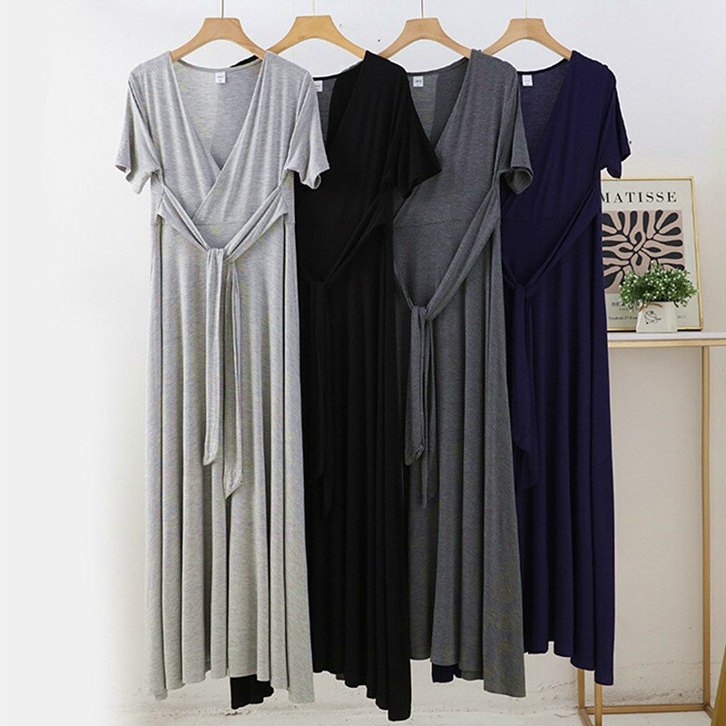 Modal Katoenen Nachthemd Voor Vrouwen Nieuw V-Hals Nachthemd Dames Korte Mouw Lange Jurk Elegante Huiskleding Riem