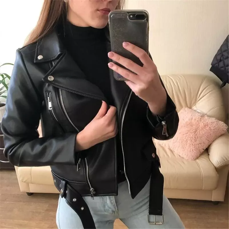 2024 Women Casual Zipper Motorcycle Long Sleeve Slim Coats Faux Leather Jackets Winter Oversized Punk Fashion Brown Streetwear
